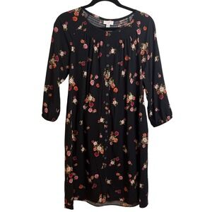 J Jill Floral Button Front Dress SP Black Flowy Cottagecore Boho Peasant Spring